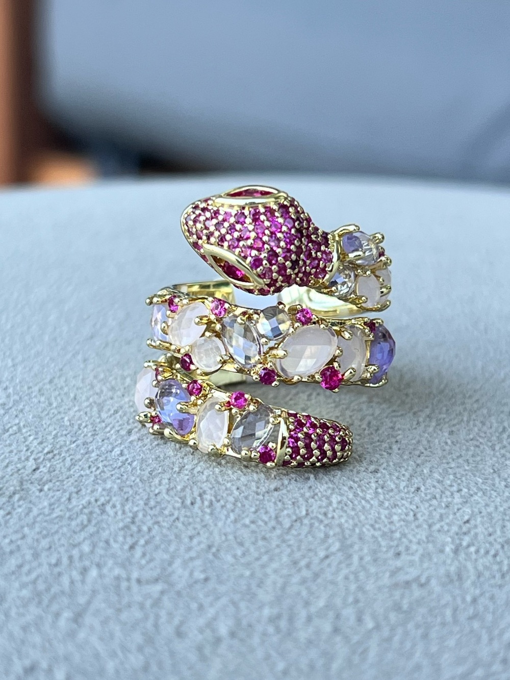 Gold Filled Pink & Purple Crystal Snake Triple Wrap Ring